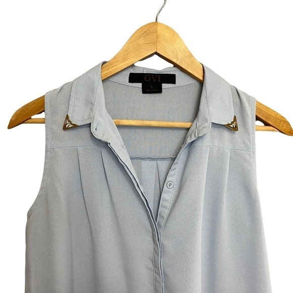 OVI | Womens Sheer Light Blue Sleeve Less Button Up Tank Top - Picture 2 of 5